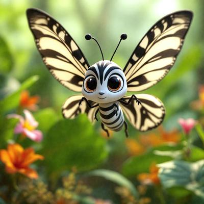 The primary subject of the image is a small, colorful butterfly with a smiling face. The butterfly is flying in a garden setting, surrounded by a variety of flowers. The visual style of the image is a combination of photo and digital art, creating a whimsical and lively atmosphere. The colors and mood of the image are predominantly bright and cheerful, with the butterfly's vibrant colors and the flowers' natural hues contributing to the overall pleasant and uplifting m